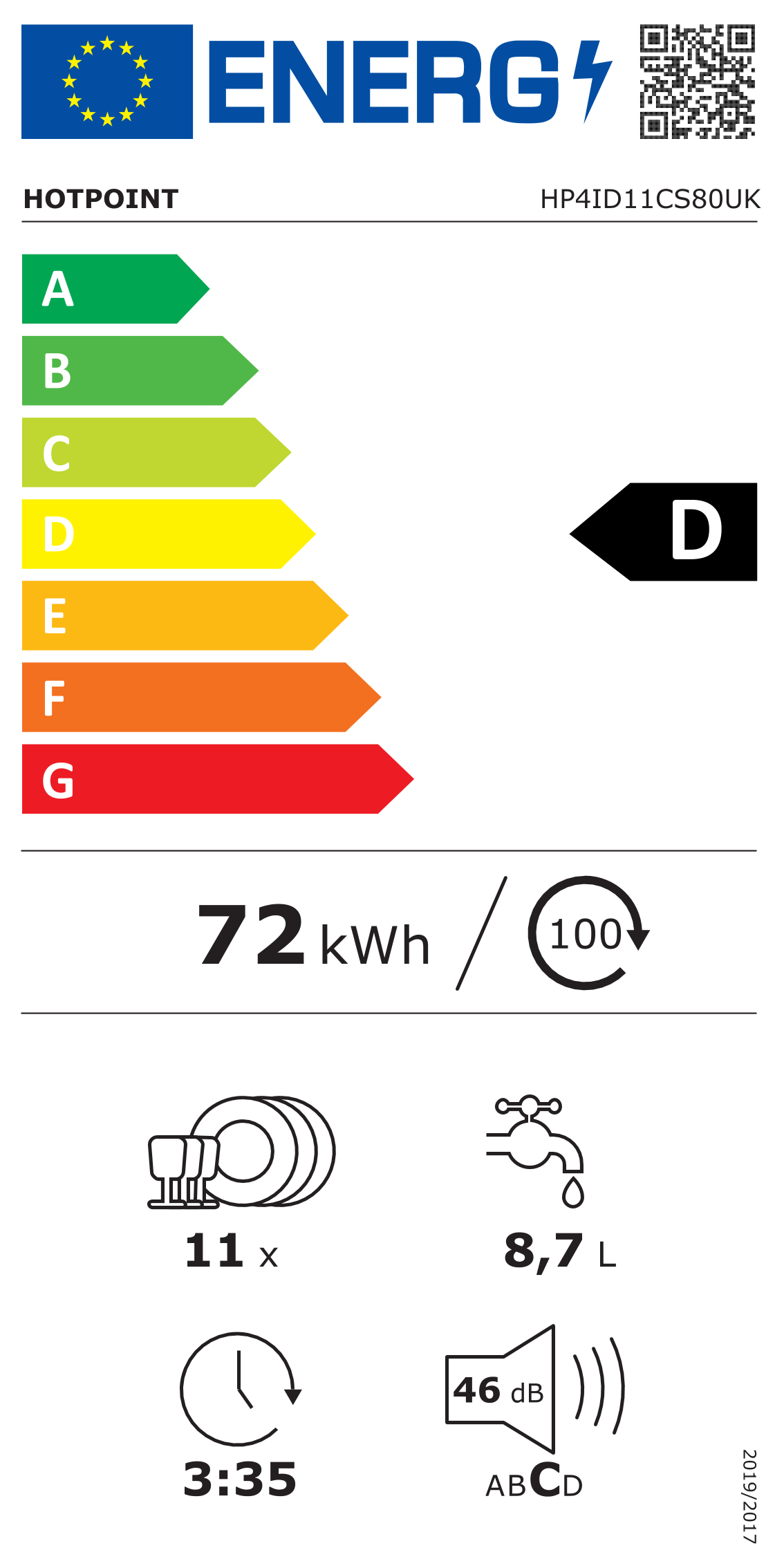 Hotpoint HP4ID11CS80UK (97) 45cm Slimline Integrated Dishwasher with 11 Place Settings - D Rated - (Ex Display) - HW182697