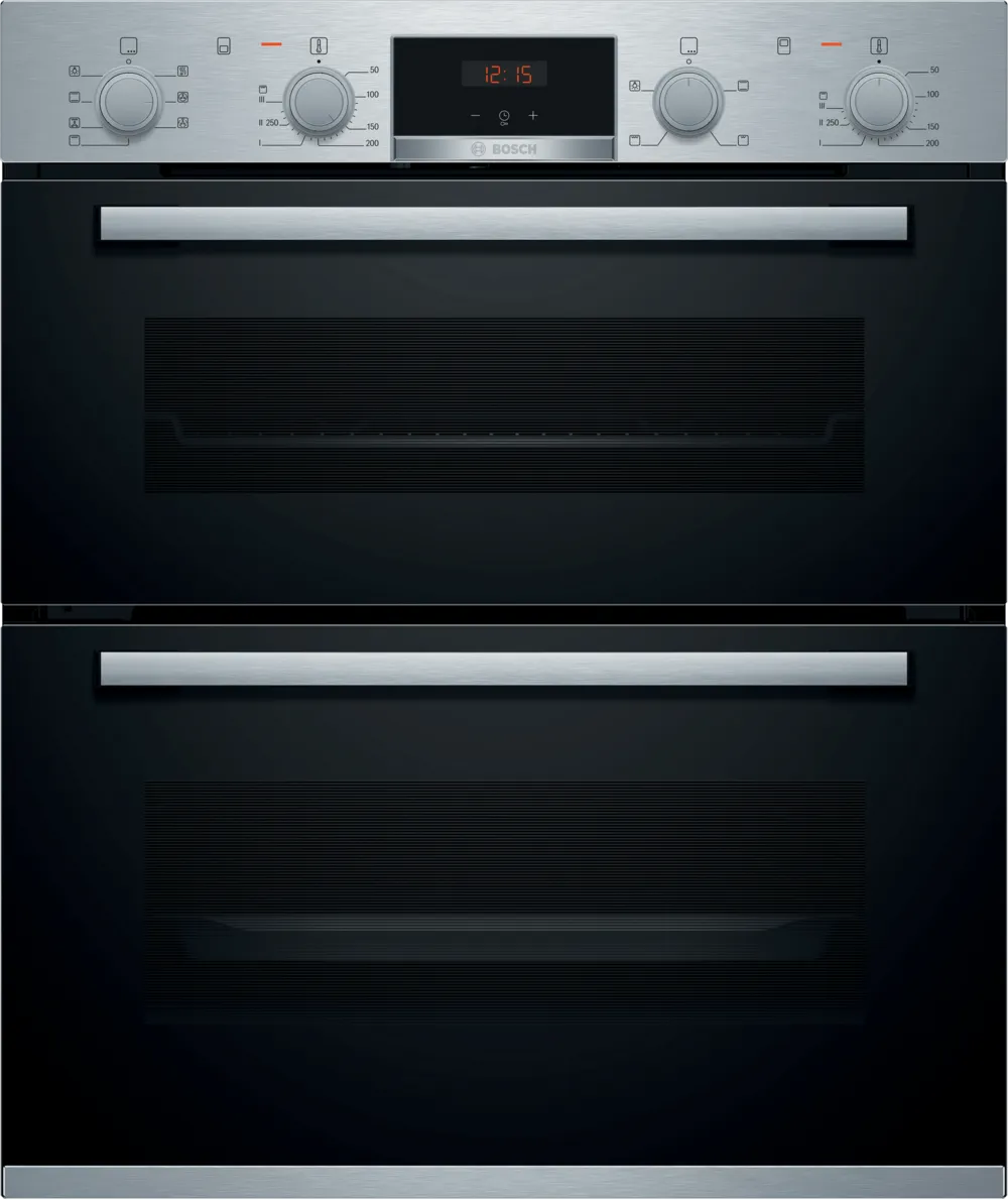 Bosch Series 4 NBS533BS0B Electric Built-Under Electric Double Oven in Stainless Steel from HomeWise Appliances. Stock photo showing front of the oven with red led display illuminated.