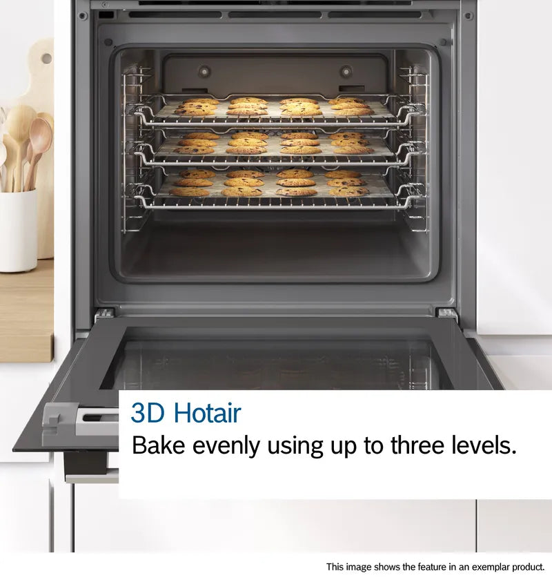 Bosch Series 2 MHA133BR0B (79) Built In Electric Double Oven in Stainless Steel from HomeWise Appliances. Stock photo showing graphic for 3D Hotair allowing you to bake evenly using up to three levels.