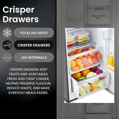 Teknix TX2SBS1791PW American Fridge Freezer in White - 523 Litre Capacity - E Rated - POHW0130 from HomeWise Appliances. Stock photo graphic showing the crisper drawers and how they keep fruit and veg crisp and fresh for longer.