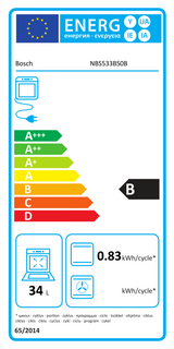 Bosch Series 4 NBS533BS0B Electric Built-Under Electric Double Oven in Stainless Steel from HomeWise Appliances. Stock photo showing B Rated energy label for secondary oven.