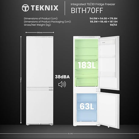 Teknix BITH70FF 70/30 Integrated Fridge Freezer with Total No Frost - 246 Litres - E Rated stock photo Fridge and Freezer capacity diagram