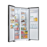 Fridgemaster MS91520EB Total No Frost American Fridge Freezer Black, E Rated Angled Doors open with food