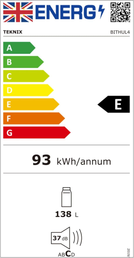 Teknix BITHUL4 Integrated Undercounter Larder Fridge - Built In with 138 Litre Capacity - Reversible Door - Digital Controls - White [Energy Class E]  stock photo Energy label