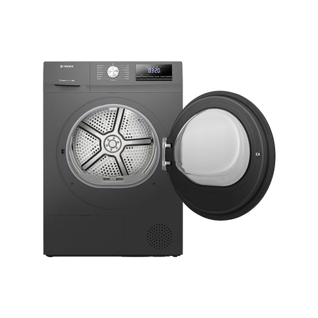 Teknix TKHP8HS 8KG Heat Pump Dryer in Titanium - A++ Rated. Stock photo front of dryer with door open.