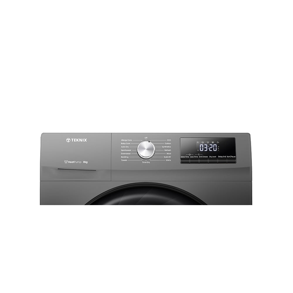 Teknix TKHP8HS 8KG Heat Pump Dryer in Titanium - A++ Rated. Stock photo close up of the control panel.