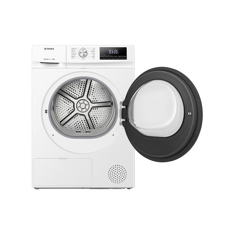 Teknix TKHP8HW 8KG Heat Pump Dryer in White - A++ Rated. Stock photo front of dryer with door open.