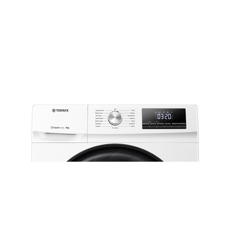 Teknix TKHP8HW 8KG Heat Pump Dryer in White - A++ Rated. Stock photo close up of the control panel.
