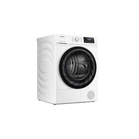 Teknix TKHP8HW 8KG Heat Pump Dryer in White - A++ Rated. Stock photo of the front angled showing left side panel.