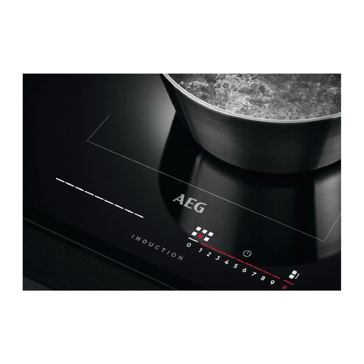 AEG IKE85651 80cm Multibridge Induction Hob from HomeWise Appliances stock photo showing active touch controls illuminated whilst a pan has been detected with Maxisense.