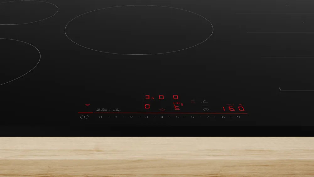 Bosch Series 6 PXV831HC1E 80cm 5 Zone Induction Hob with Flex Induction Zone Stock Photo Hob close up of the LED display  and touch controls