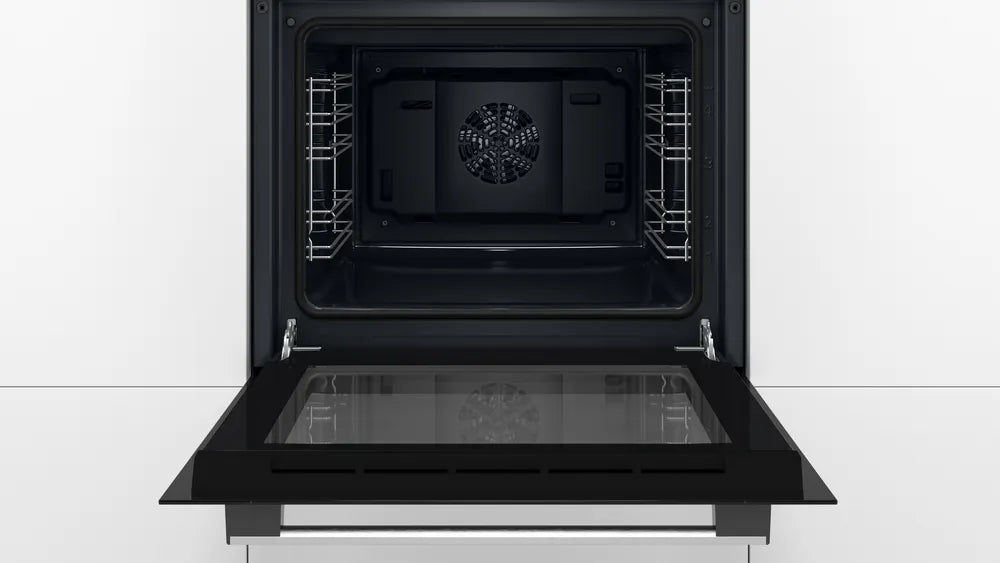 Bosch HHF113BA0B Built-in Single Oven with fitted 13Amp Plug in Black from HomeWise Appliances stock photo showing door open and internal cavity