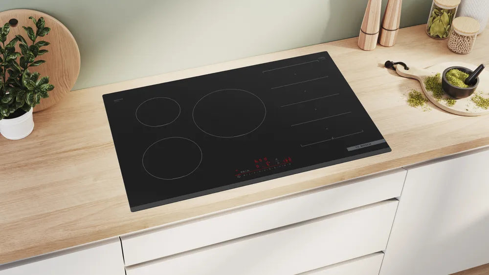 Bosch Series 6 PXV831HC1E 80cm 5 Zone Induction Hob with Flex Induction Zone Stock Photo Hob surface in worktop setting