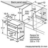 Bosch Series 4 NBS533BS0B Electric Built-Under Electric Double Oven in Stainless Steel from HomeWise Appliances. Stock photo showing graphic for installation and all measurements.