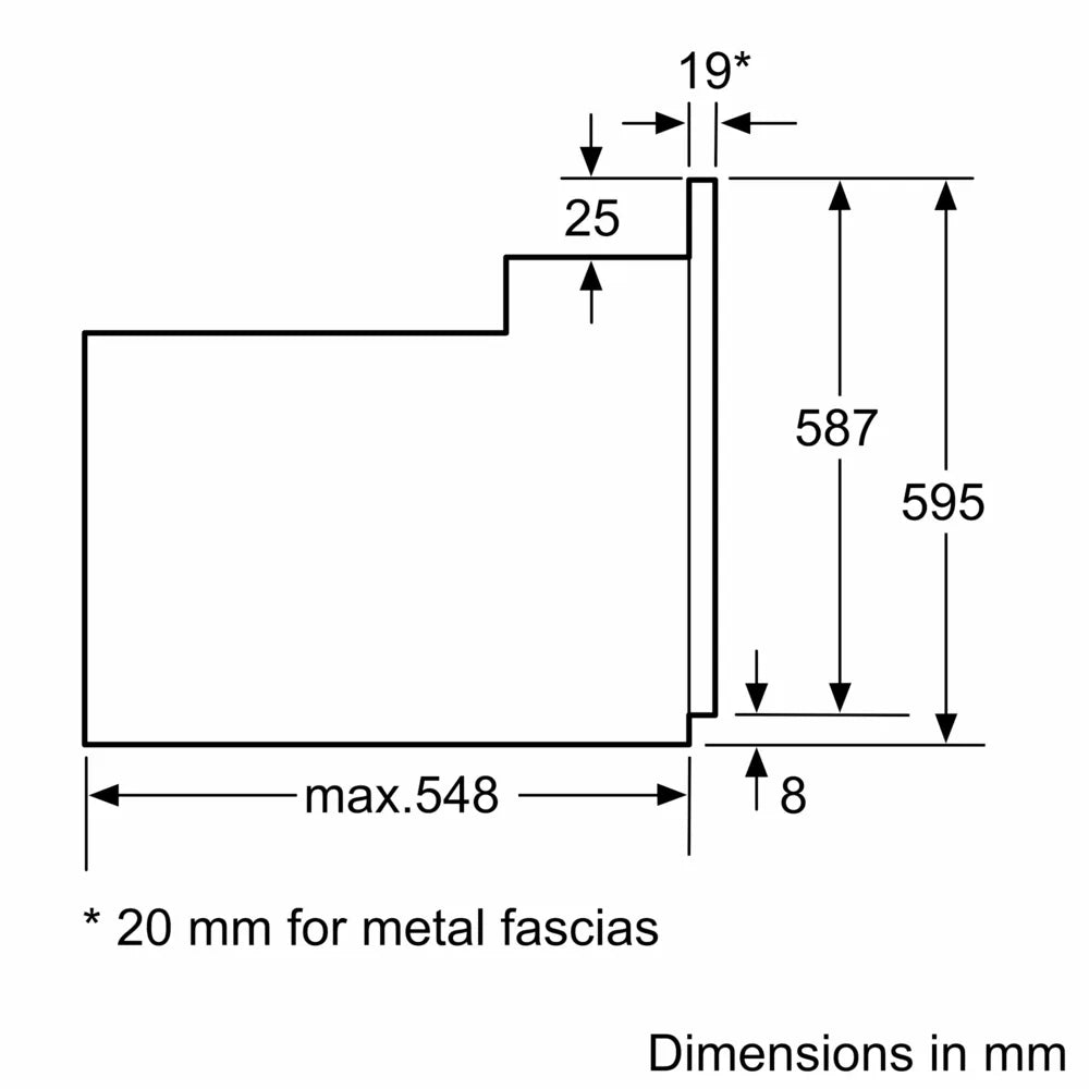 Bosch HHF113BA0B Built-in Single Oven with fitted 13Amp Plug in Black from HomeWise Appliances stock photo showing diagram of the oven with external dimensions.